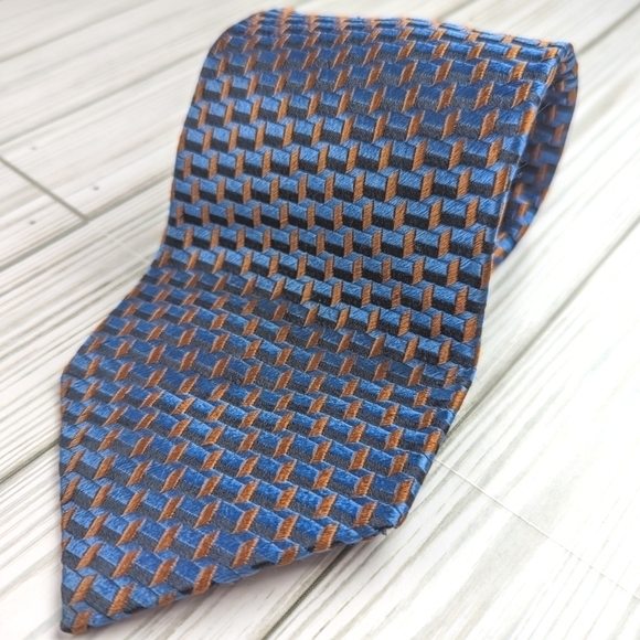 Givenchy Geometric Block Print Silk Tie in Metallic Blue and Burnt Orange - Picture 1 of 8